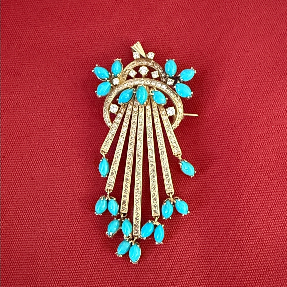 18k Solid  Gold brooch/pendant with Diamonds and Turquoise